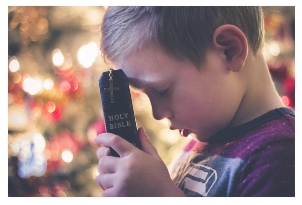 Boy praying with Bible. 