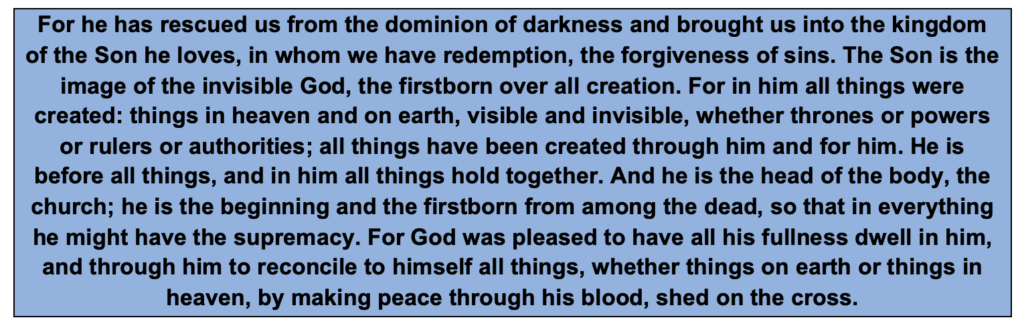 For he has rescued us from the dominion of darkness and brought us into the kingdom of the Son he loves, in whom we have redemption, the forgiveness of sins. The Son is the image of the invisible God, the firstborn over all creation. For in him all things were created: things in heaven and on earth, visible and invisible, whether thrones or powers or rulers or authorities; all things have been created through him and for him. He is before all things, and in him all things hold together. And he is the head of the body, the church; he is the beginning and the firstborn from among the dead, so that in everything he might have the supremacy. For God was pleased to have all his fullness dwell in him, and through him to reconcile to himself all things, whether things on earth or things in heaven, by making peace through his blood, shed on the cross. 