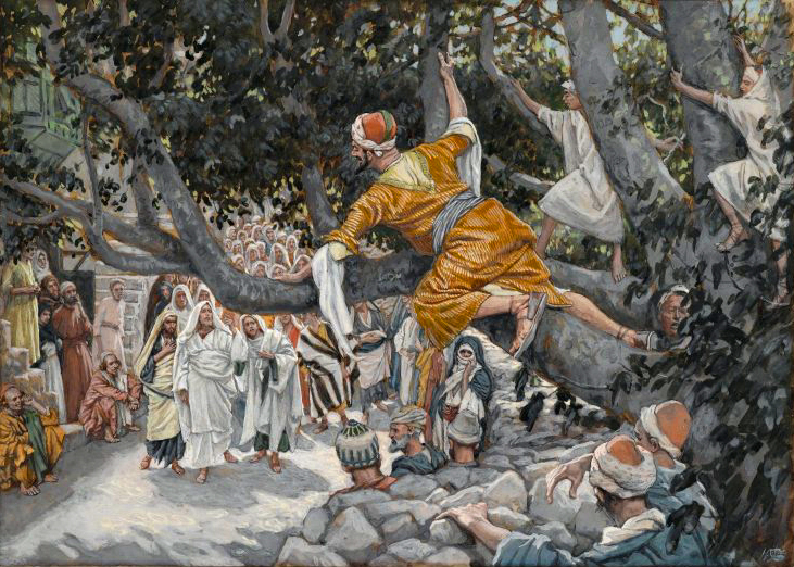 Zacchaeus in the tree listening to Jesus Teaching.