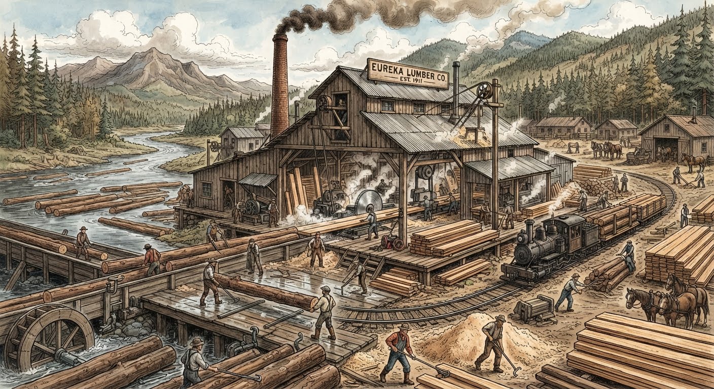 Illustrated historical scene depicts Eureka Lumber Co. sawmill beside a river, surrounded by mountains and pine forests. Workers handle logs and lumber near a steam locomotive, rail cars, timber stacks, loading platforms, and a smoke-producing mill chimney.