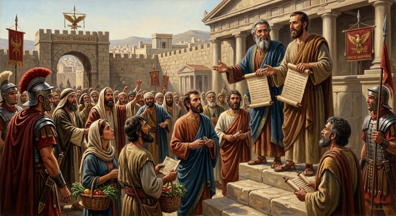 Historical painting depicts two robed speakers addressing a gathered crowd in an ancient Roman city, with soldiers, market vendors, stone steps, fortified walls, temple architecture, and banners surrounding them. Warm earthy colors, raised hands, scroll, baskets of produce, and mountain backdrop emphasize public preaching, civic tension, and religious debate.