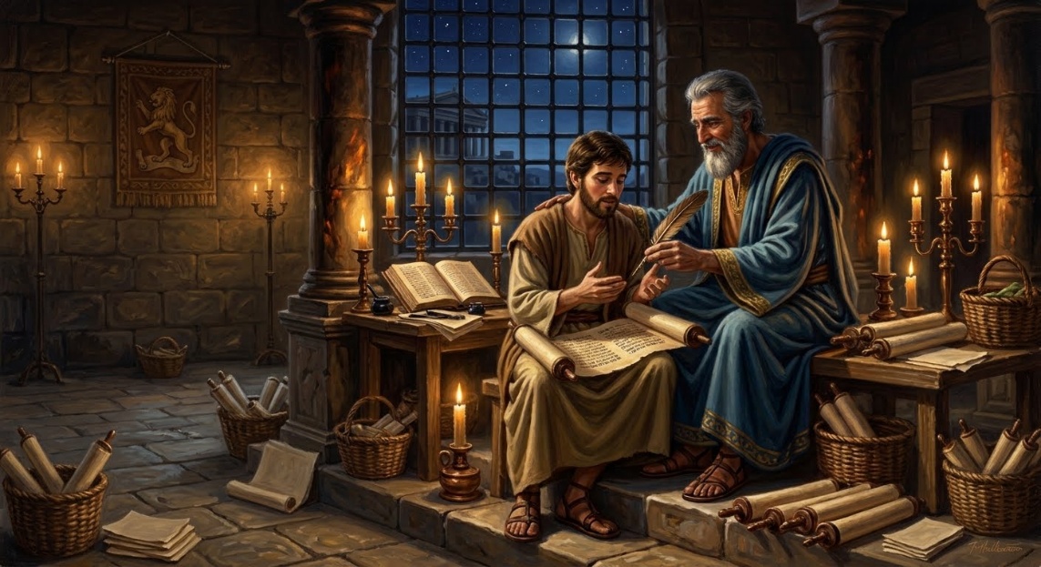 Digital painting depicts two robed men studying an open manuscript inside a candlelit medieval stone library or scriptorium. Shelves, scrolls, baskets, writing tools, columns, wall carvings, and blue-paned window frame scholarly work, teaching, and religious study.