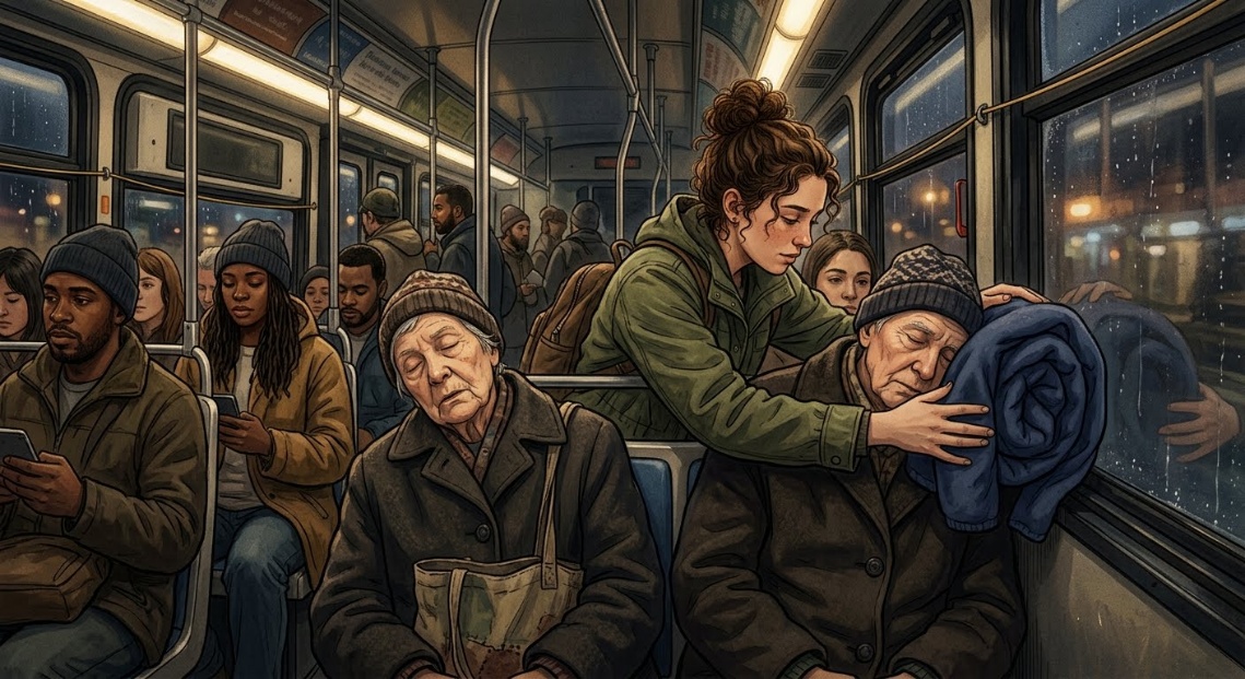 Digital illustration depicts crowded nighttime bus or train interior, highlighting compassion among passengers. Young woman in green coat covers sleeping older man with blue blanket, while bundled riders use phones or rest beneath warm overhead lights and dark rain-streaked windows.