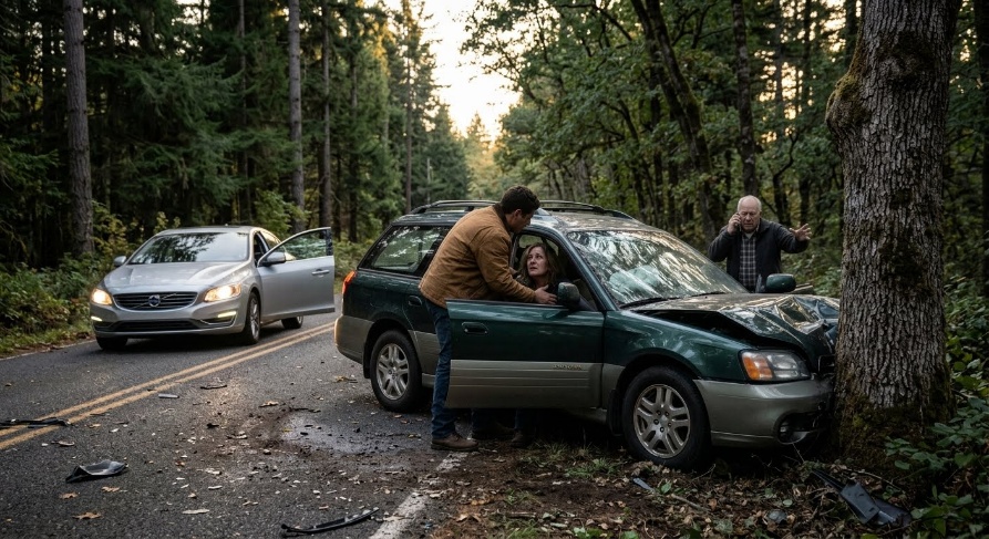 Photograph depicting a roadside vehicle collision on a forested mountain road. Green SUV sits against a tree with visible front-end damage while silver sedan remains nearby, and three adults inspect scene.